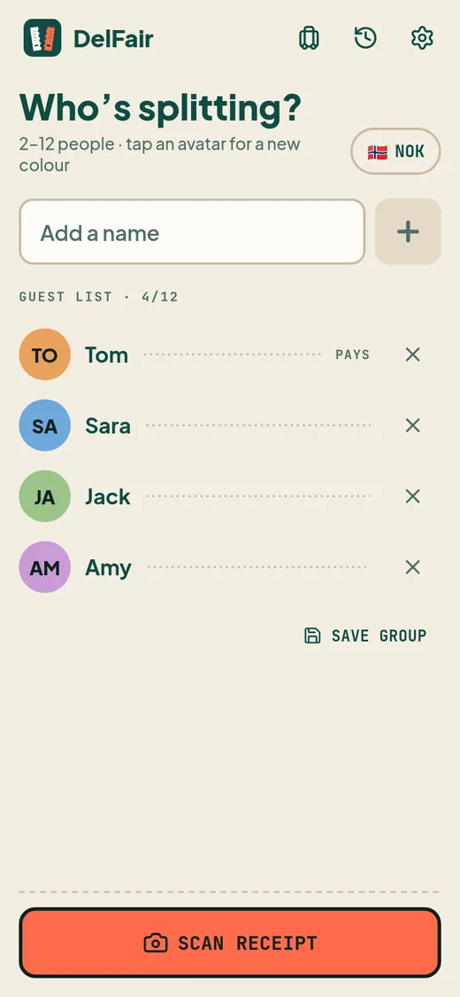 The “Who’s splitting?” screen with four people added