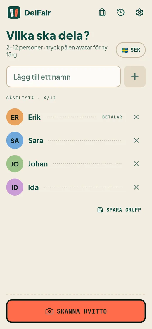 Skärmen ”Vilka ska dela?” med fyra personer tillagda