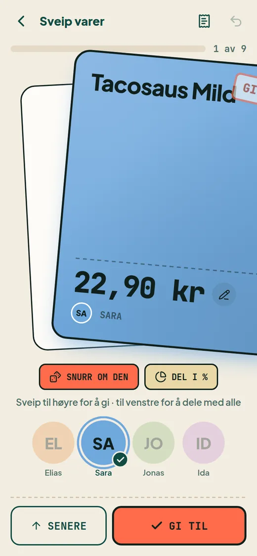 Et varekort som sveipes til høyre for å gi varen til Sara